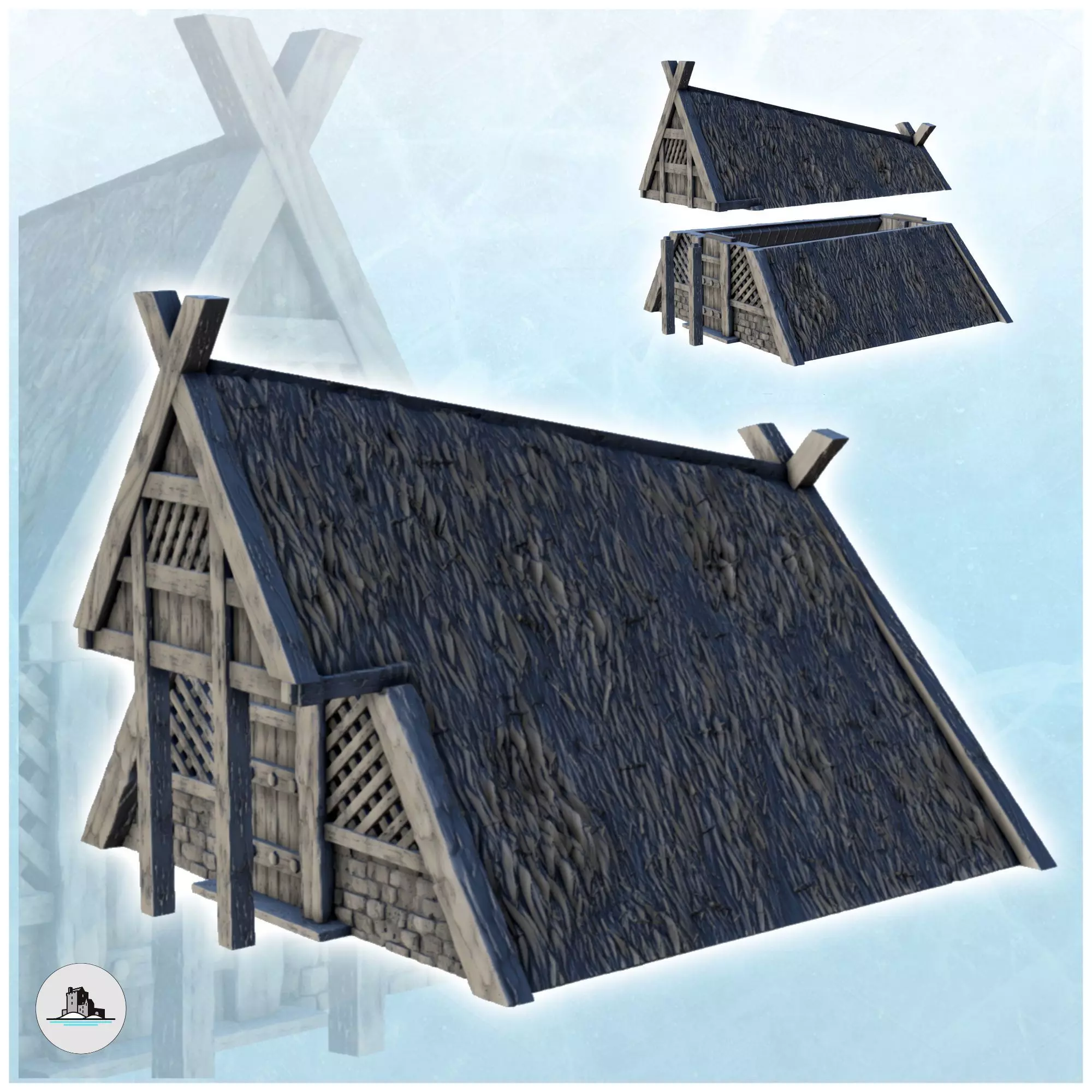 Viking building with bevelled roof and wooden column 6 3D print model