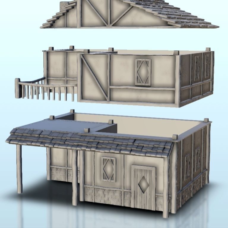 Medieval house with terrace and timbering 3 3D print model_1