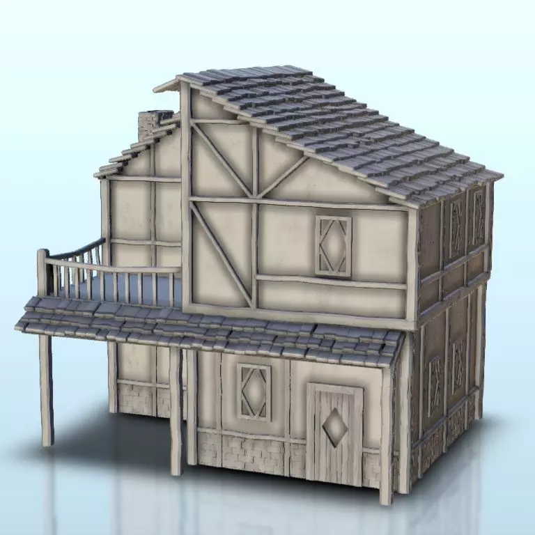 Medieval house with terrace and timbering 3 3D print model_0