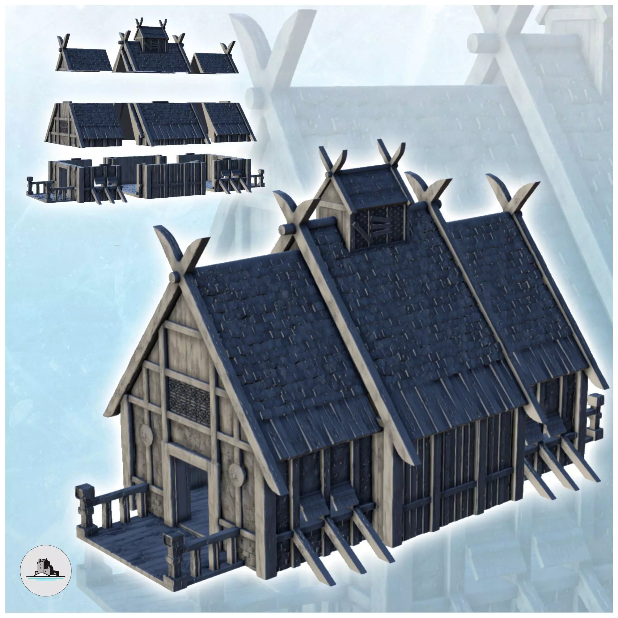 Large Viking building with double entrance and railings 5 3D print model_0