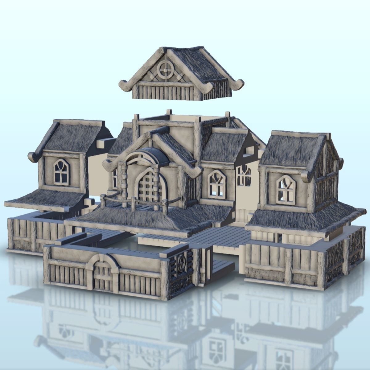 Large medieval palace with thatched roof and terraces 13 3D print model_1