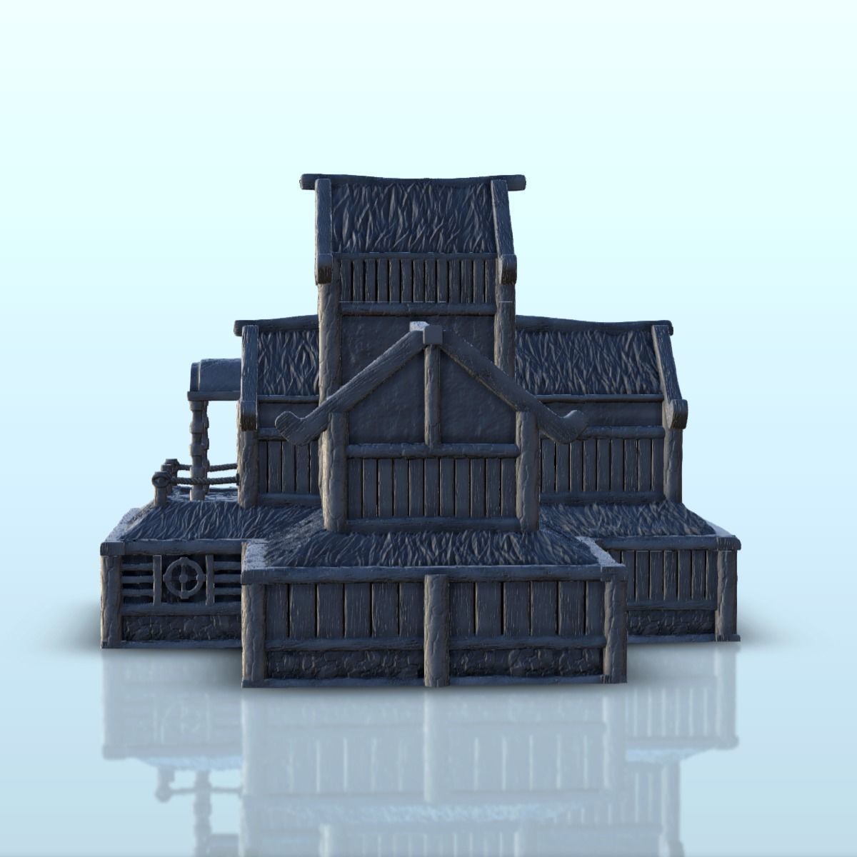 Large medieval palace with thatched roof and terraces 13 3D print model_9