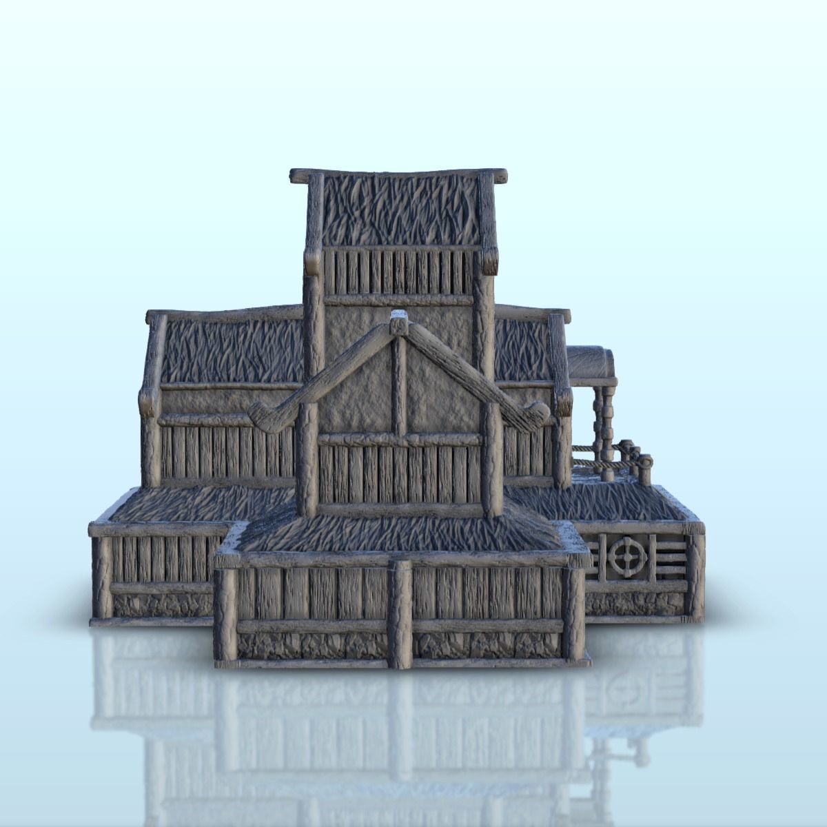 Large medieval palace with thatched roof and terraces 13 3D print model_7