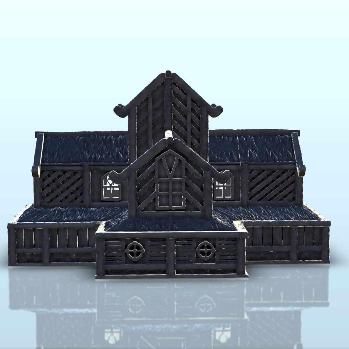 Large medieval palace with thatched roof and terraces 13 3D print model_8