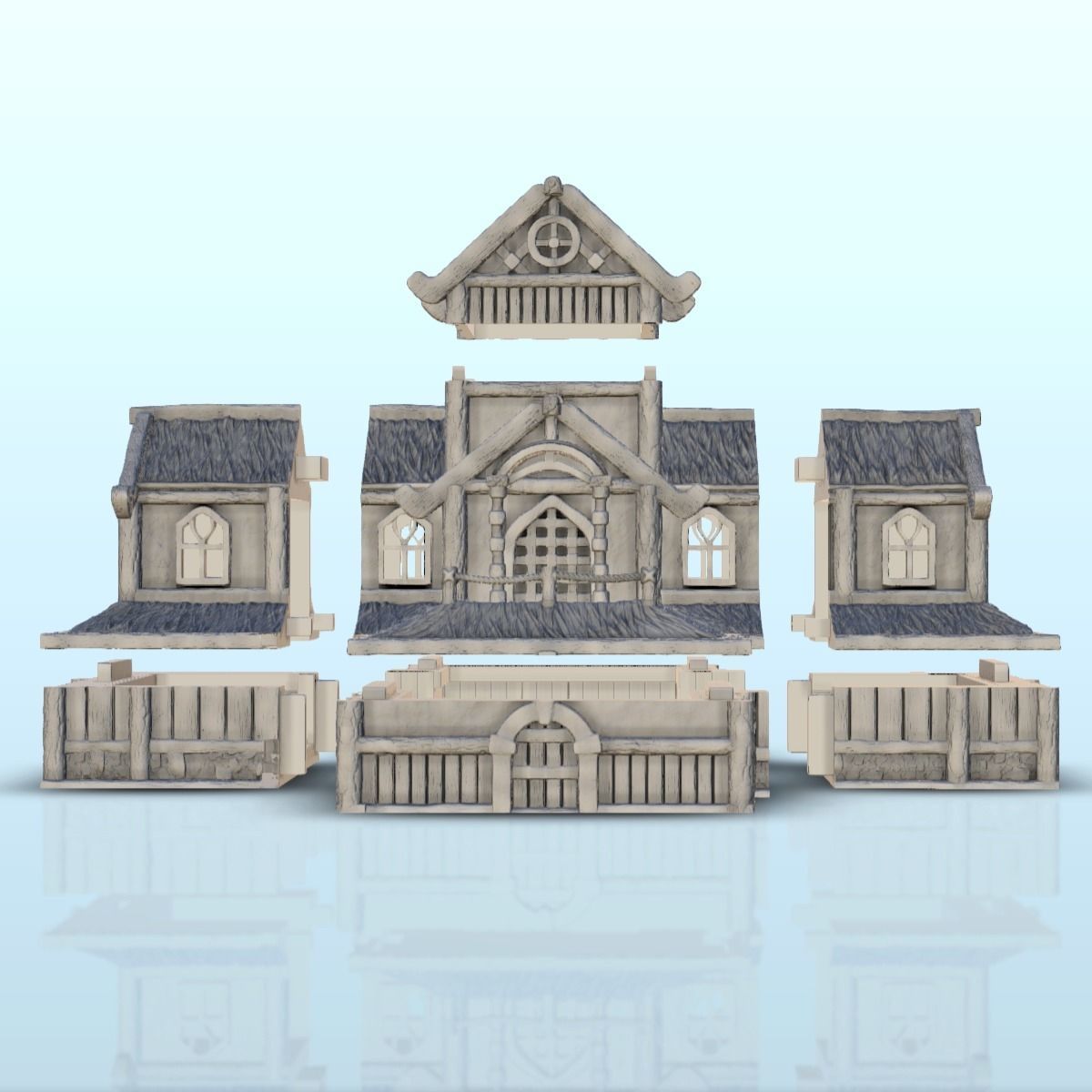 Large medieval palace with thatched roof and terraces 13 3D print model_2