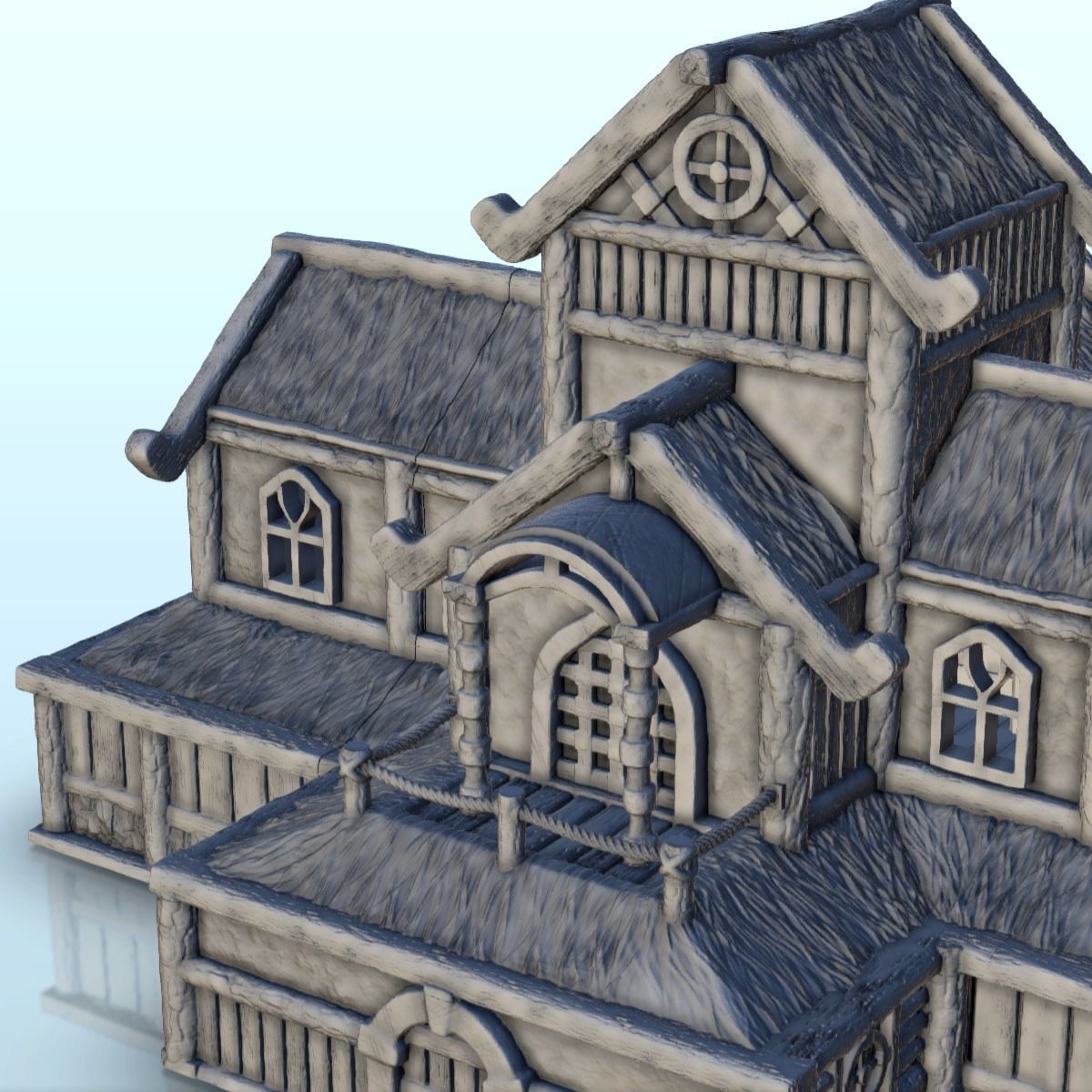 Large medieval palace with thatched roof and terraces 13 3D print model_12