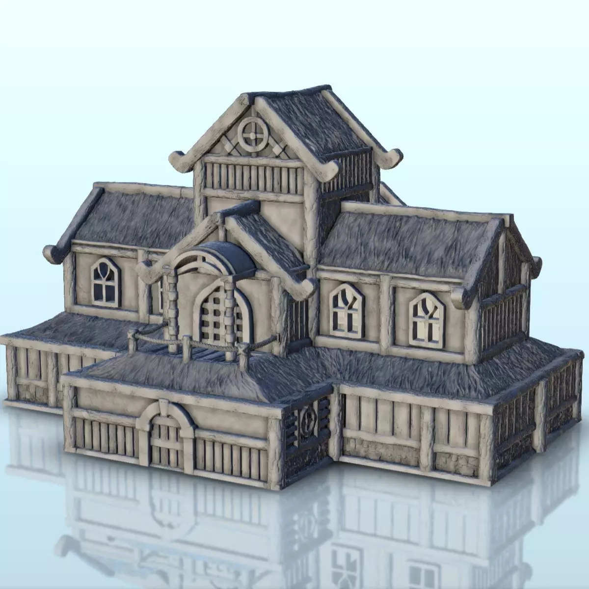 Large medieval palace with thatched roof and terraces 13 3D print model_0