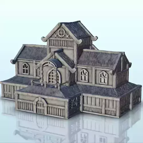 Large medieval palace with thatched roof and terraces 13