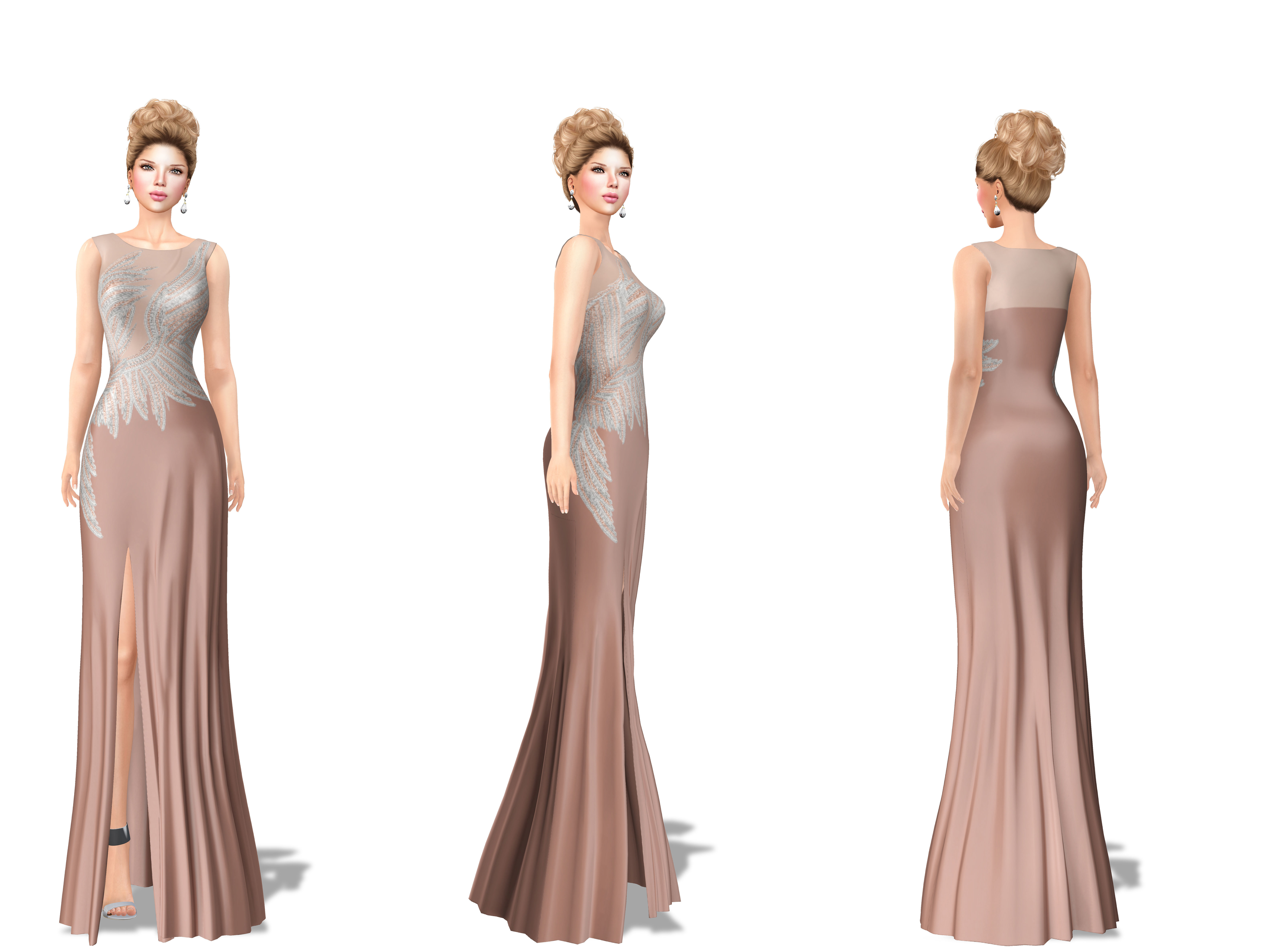 Female Front Slit Sleeveless Coral Evening Gown Low-poly 3D model_2