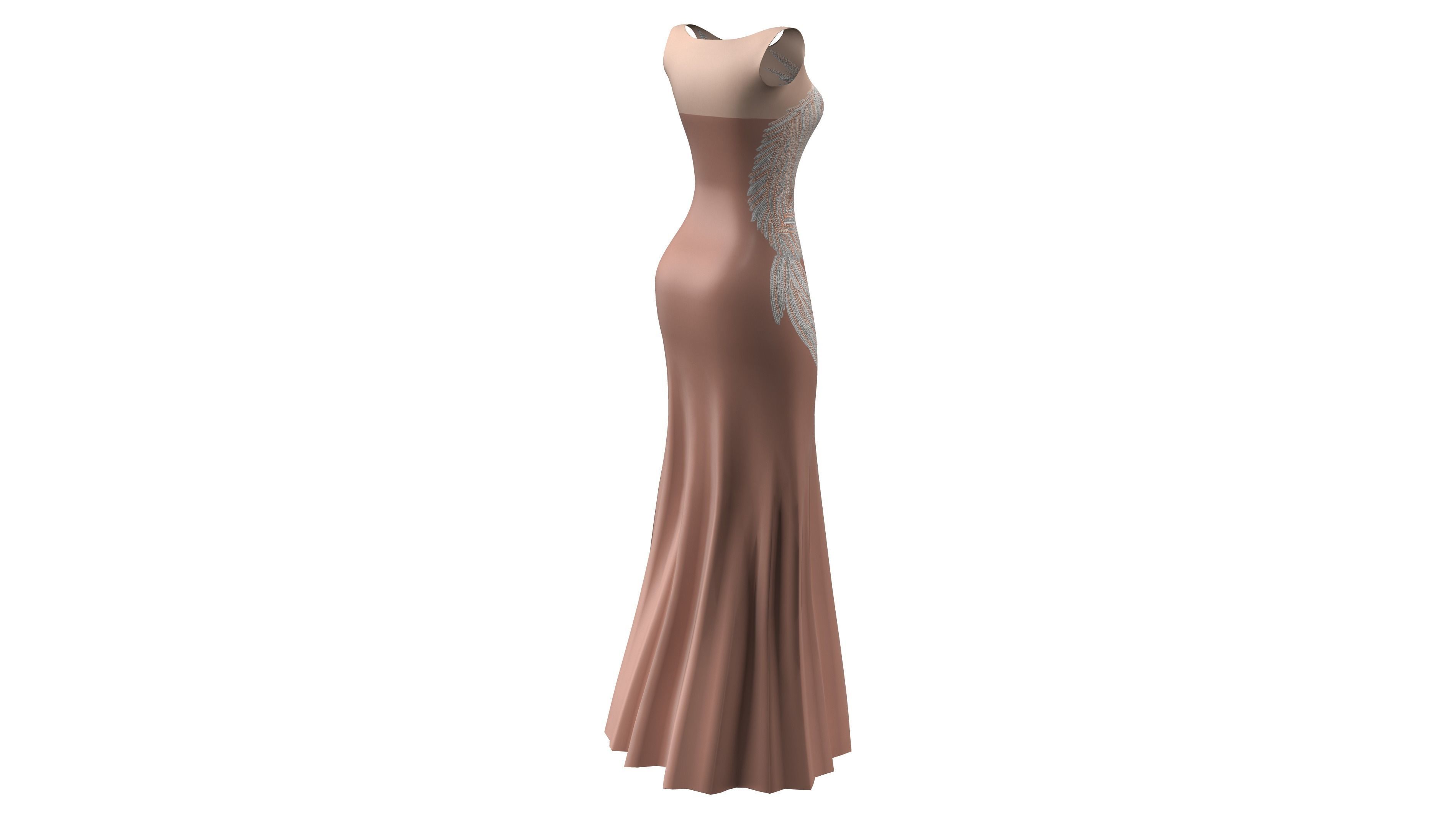 Female Front Slit Sleeveless Coral Evening Gown Low-poly 3D model_6