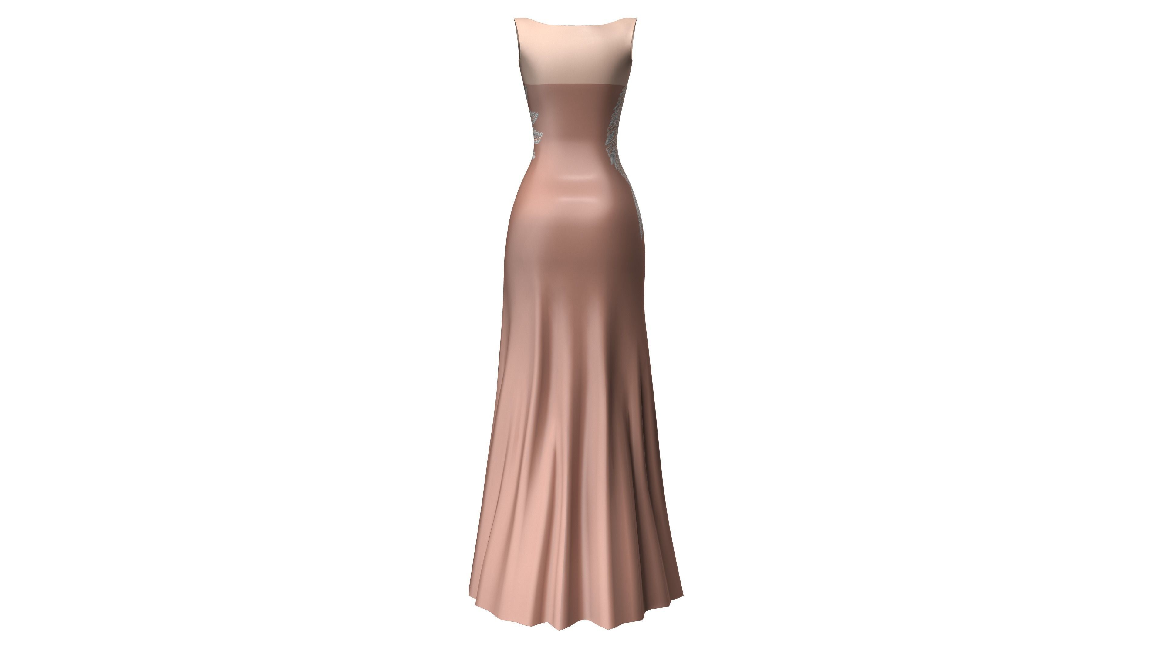 Female Front Slit Sleeveless Coral Evening Gown Low-poly 3D model_5