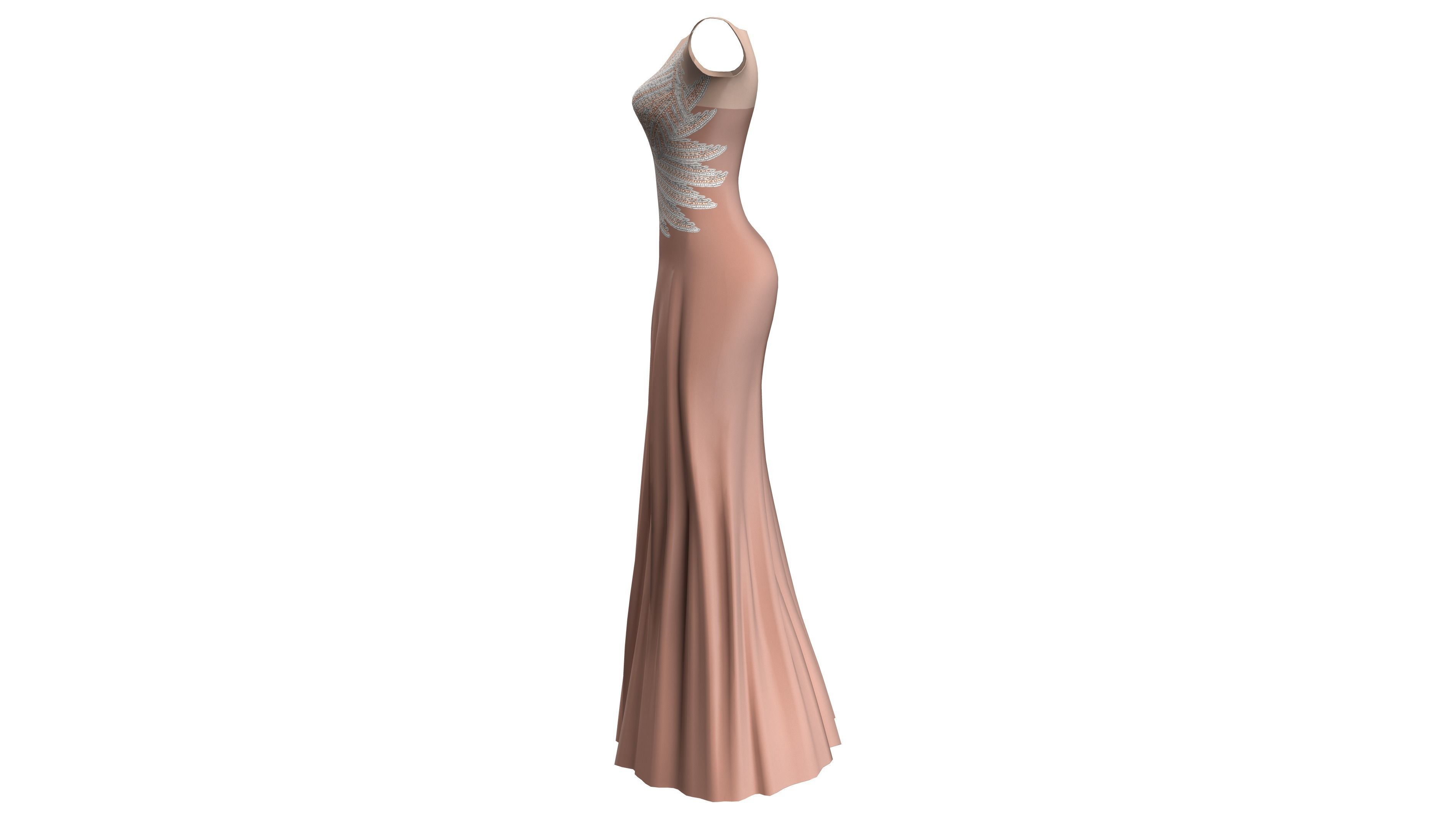 Female Front Slit Sleeveless Coral Evening Gown Low-poly 3D model_4
