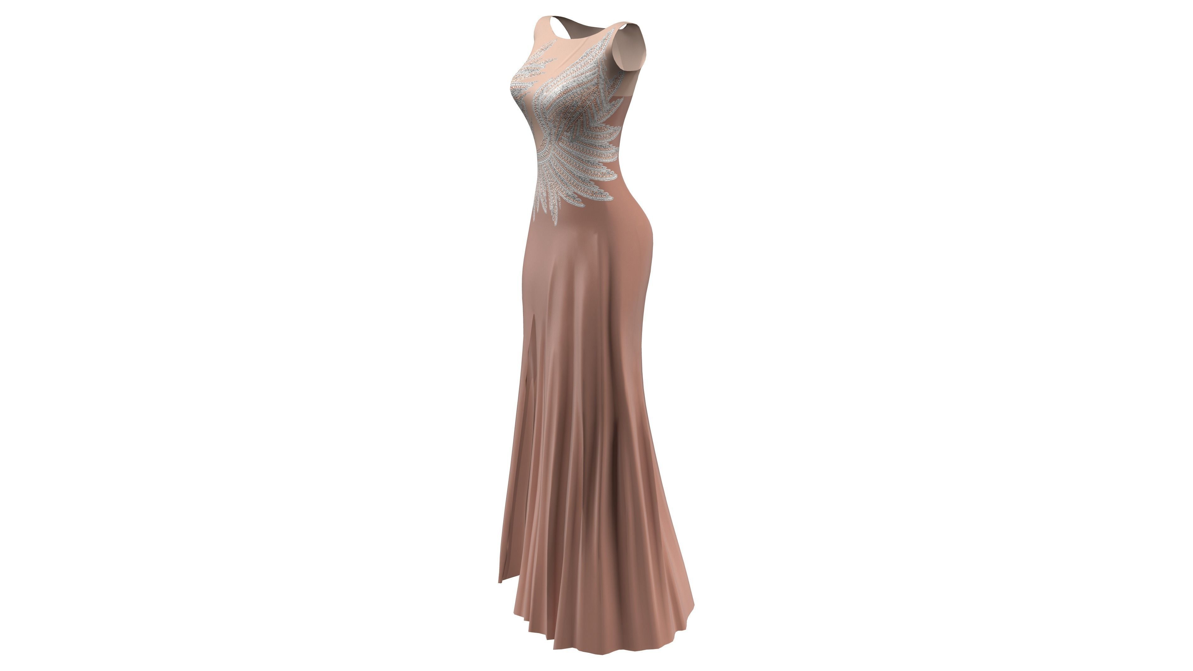 Female Front Slit Sleeveless Coral Evening Gown Low-poly 3D model_3