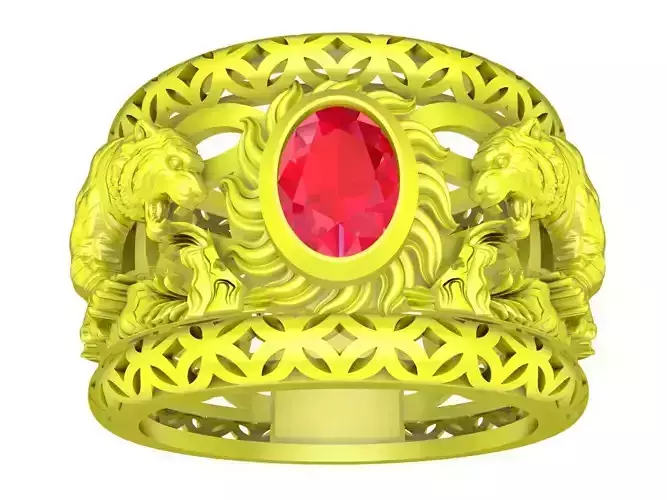 A4613 Oval Ruby Tiger Chinese Coin Men Ring 3D Model