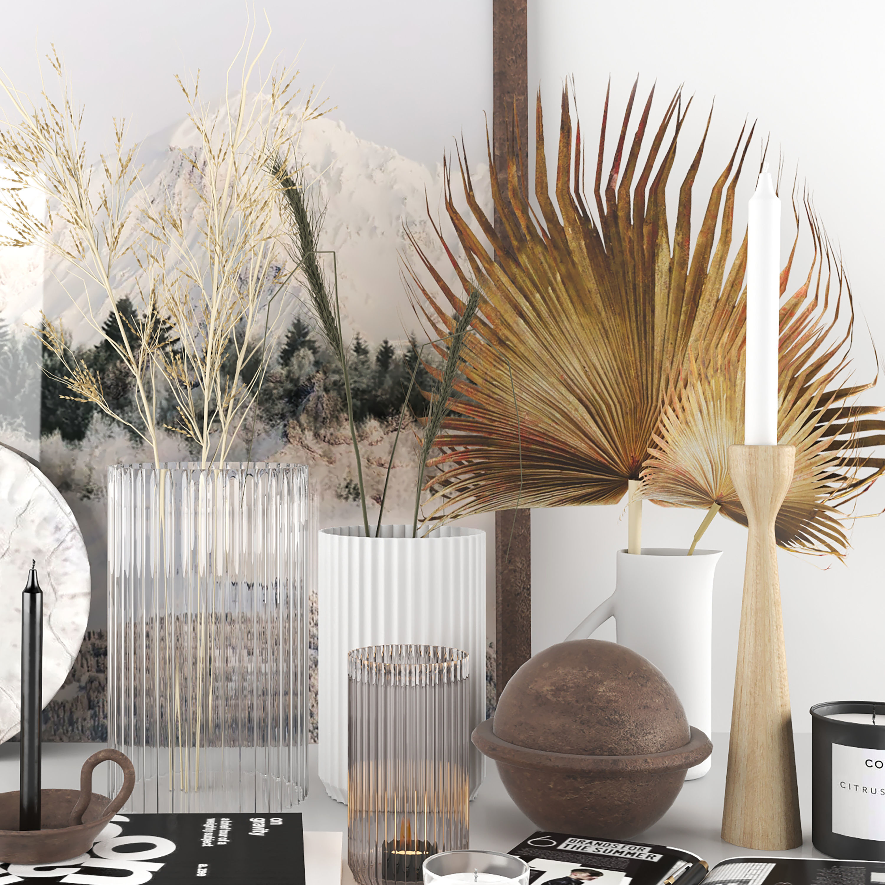 decorative set with dried flowers 3D model_4