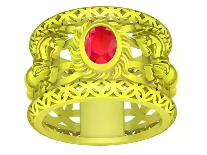 A4614 Oval Ruby Horse Men Ring with Chinese Coin Texture