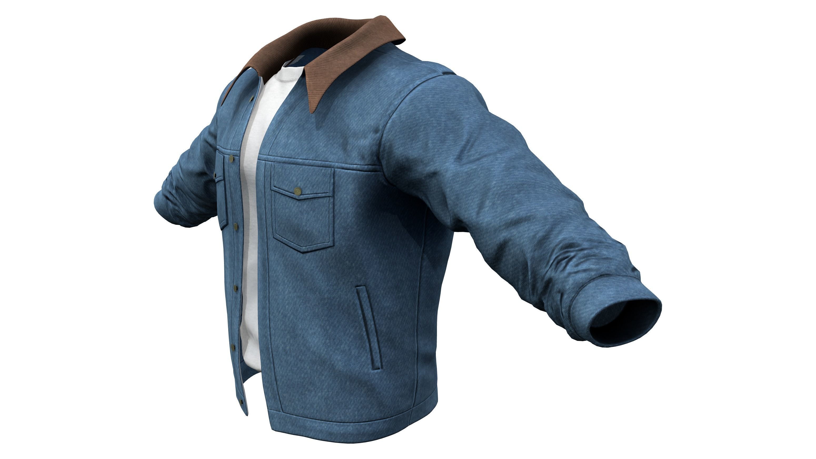 Mens Open Front Denim Jacket With TShirt Low-poly 3D model_2
