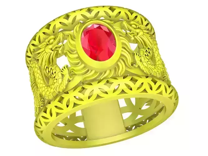 A4615 Oval Ruby Dragon Men Ring with Chinese Coins