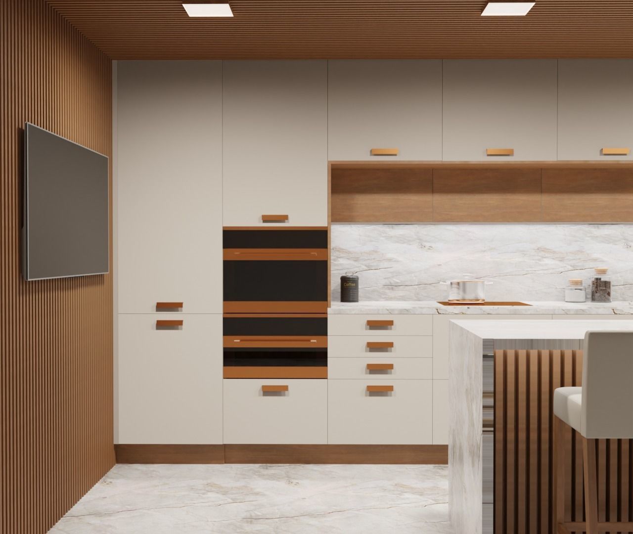 Modern Kitchen Cream and Wood Free 3D model_5