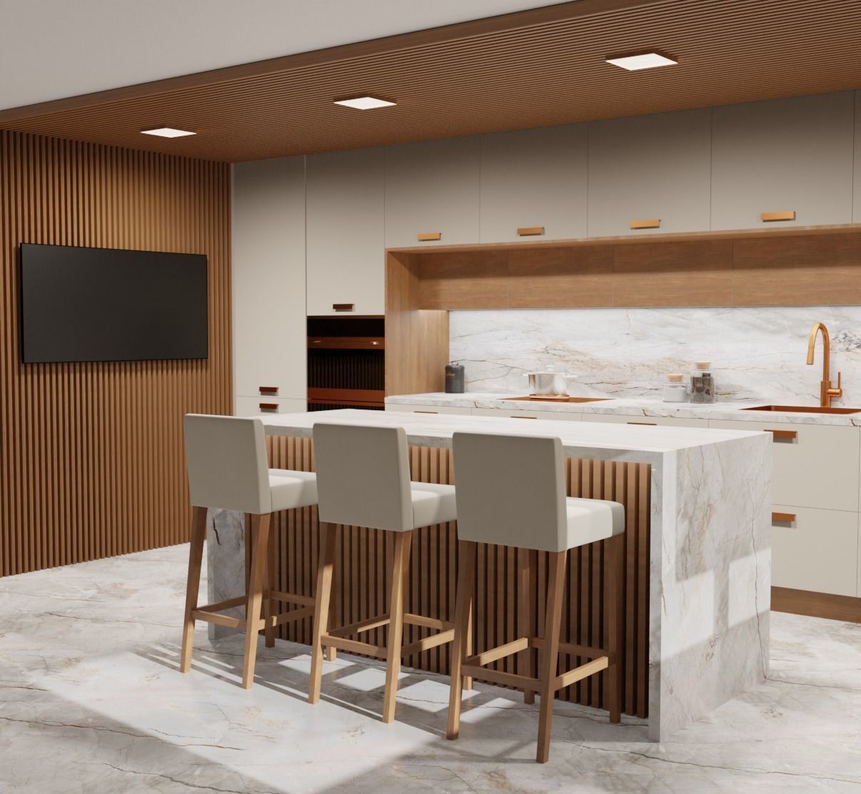 Modern Kitchen Cream and Wood Free 3D model_1