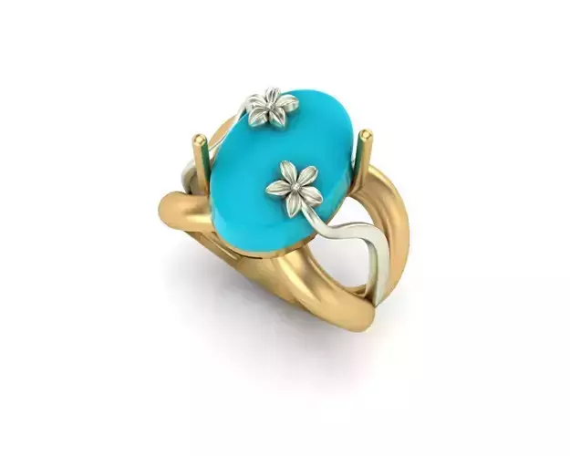 model 9 gold ring with turquoise stone and flowers 3D print model