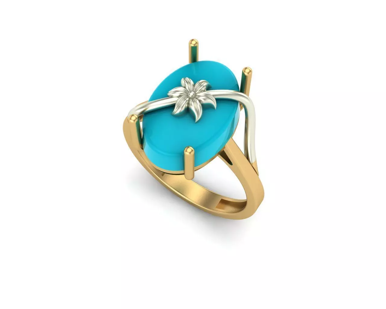 model 7 gold ring with turquoise stone and diamonds 3D print model_0