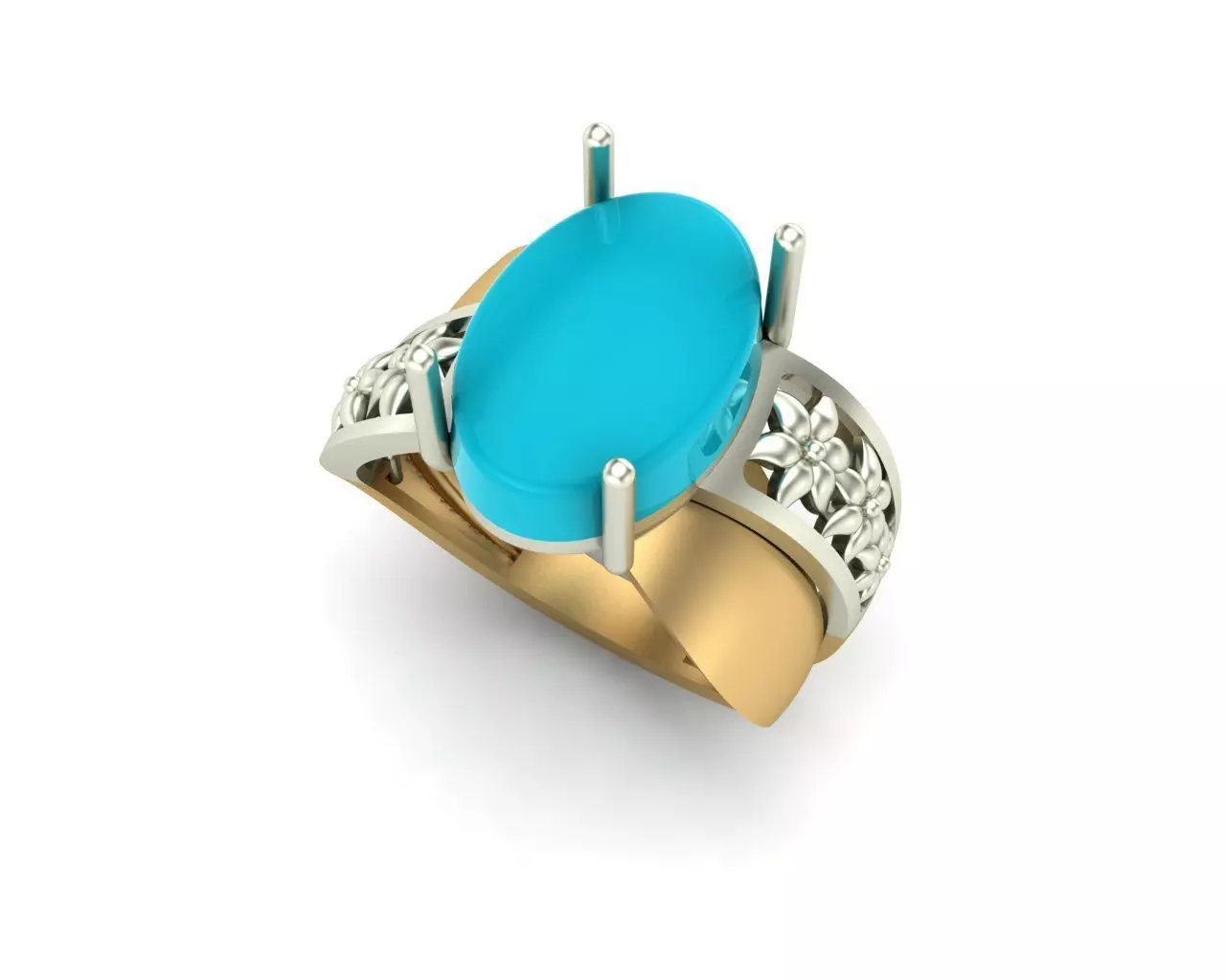 model 10 oval turquoise stone in gold and silver ring 3D print model_0