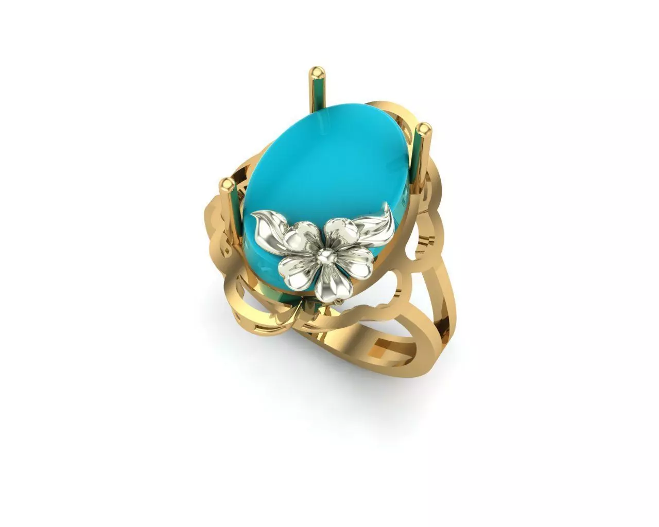 model 1 gold ring with turquoise stone and diamonds 3D print model_0