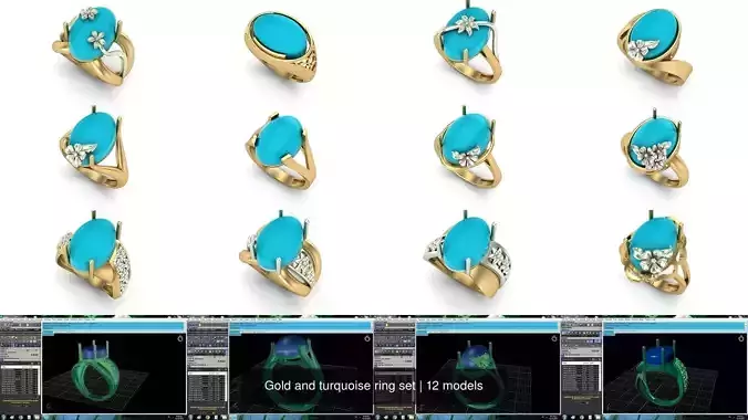 Gold and turquoise ring set 3D Model Collection