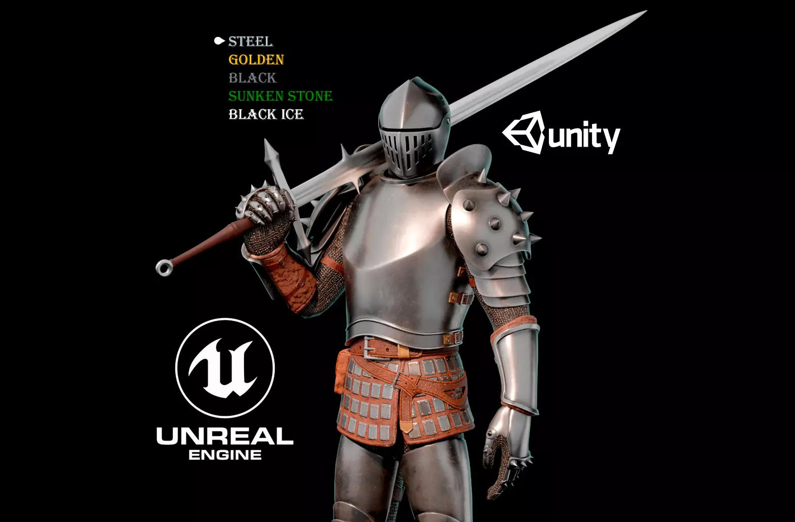 Dark fantasy Knight in 5 variations Game ready Low-poly 3D model