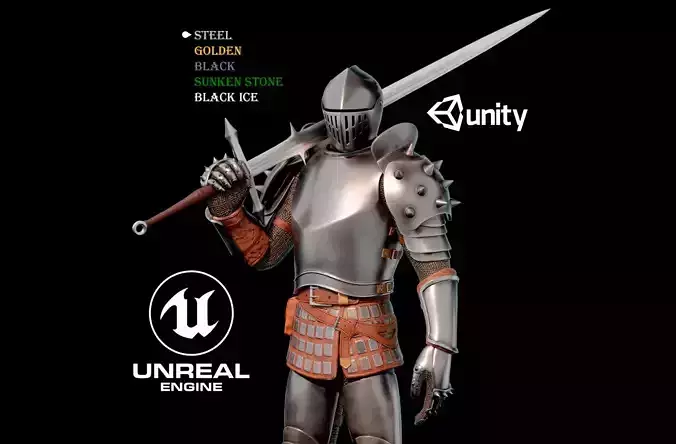 Dark fantasy Knight in 5 variations Game ready Low-poly 3D model