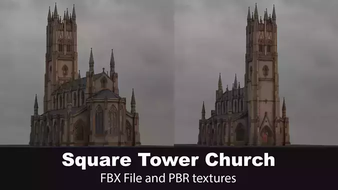 Square Tower Gothic Church 3D model