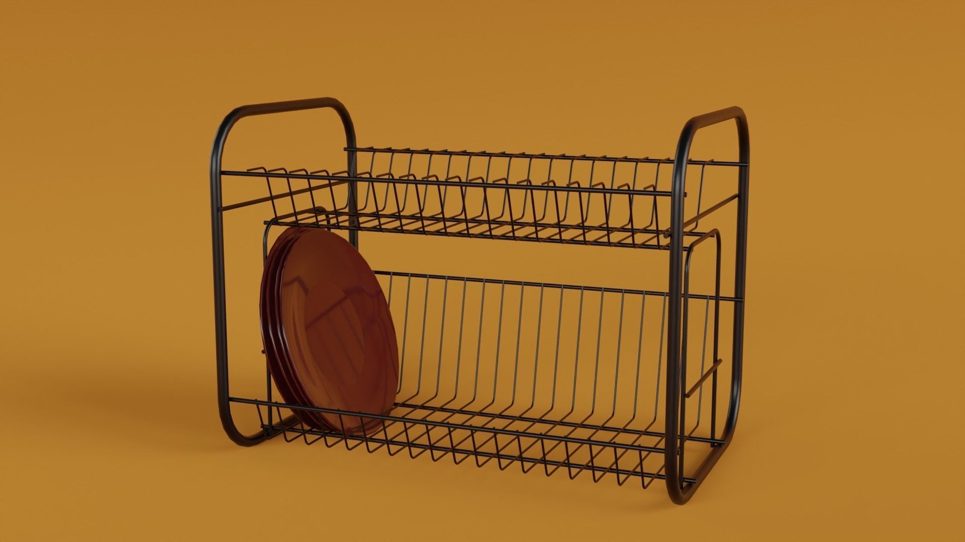 dish rack with red plates Low-poly 3D model_2