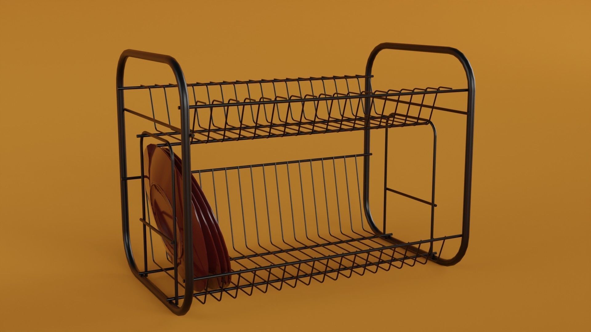 dish rack with red plates Low-poly 3D model_4