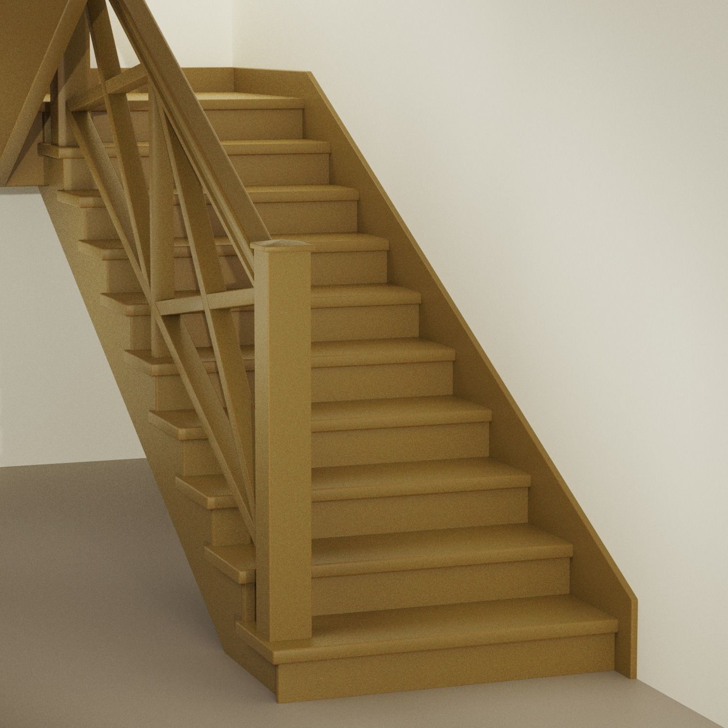 Ladder-oak staircase in building with metal railings 3D model_4