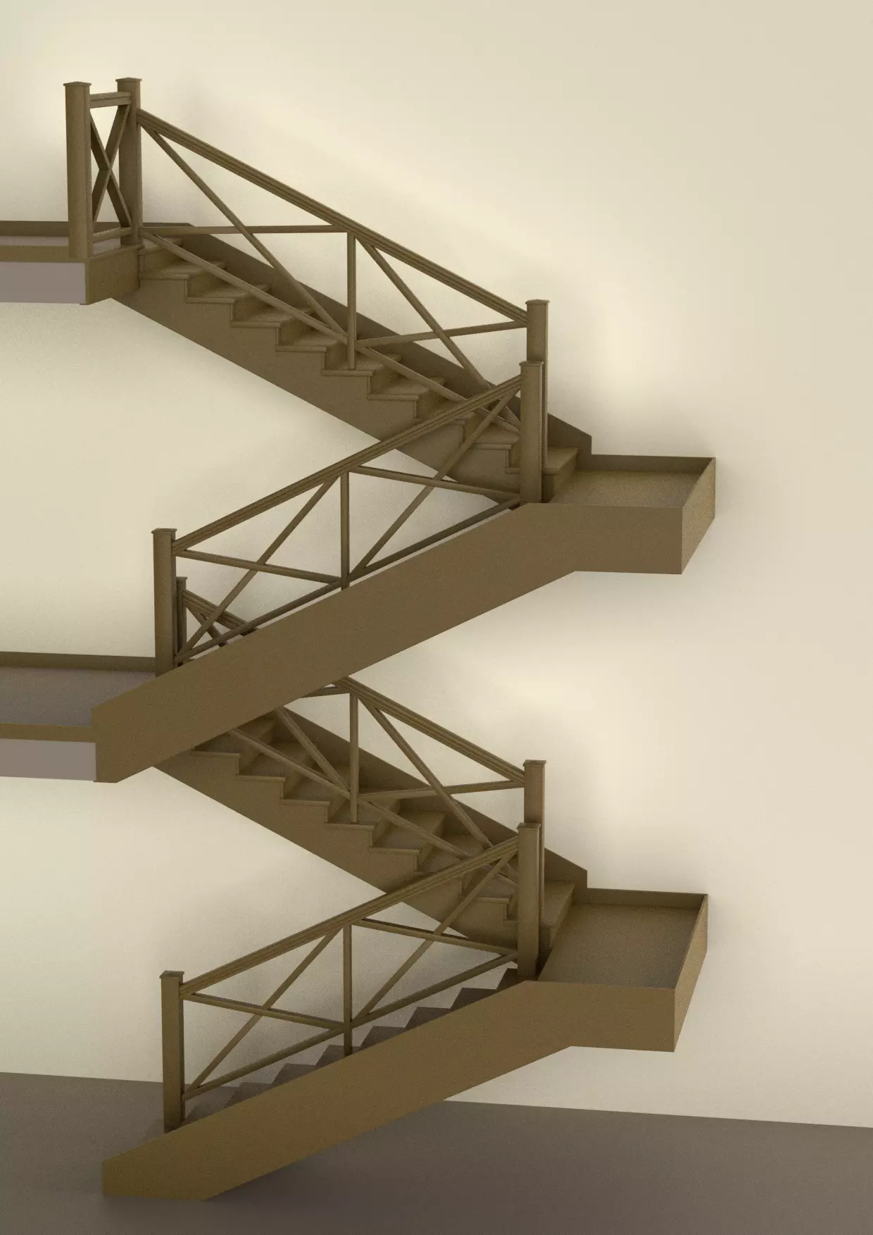 Ladder-oak staircase in building with metal railings 3D model_0