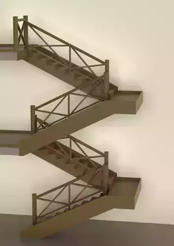 Ladder-oak staircase in building with metal railings 3D model