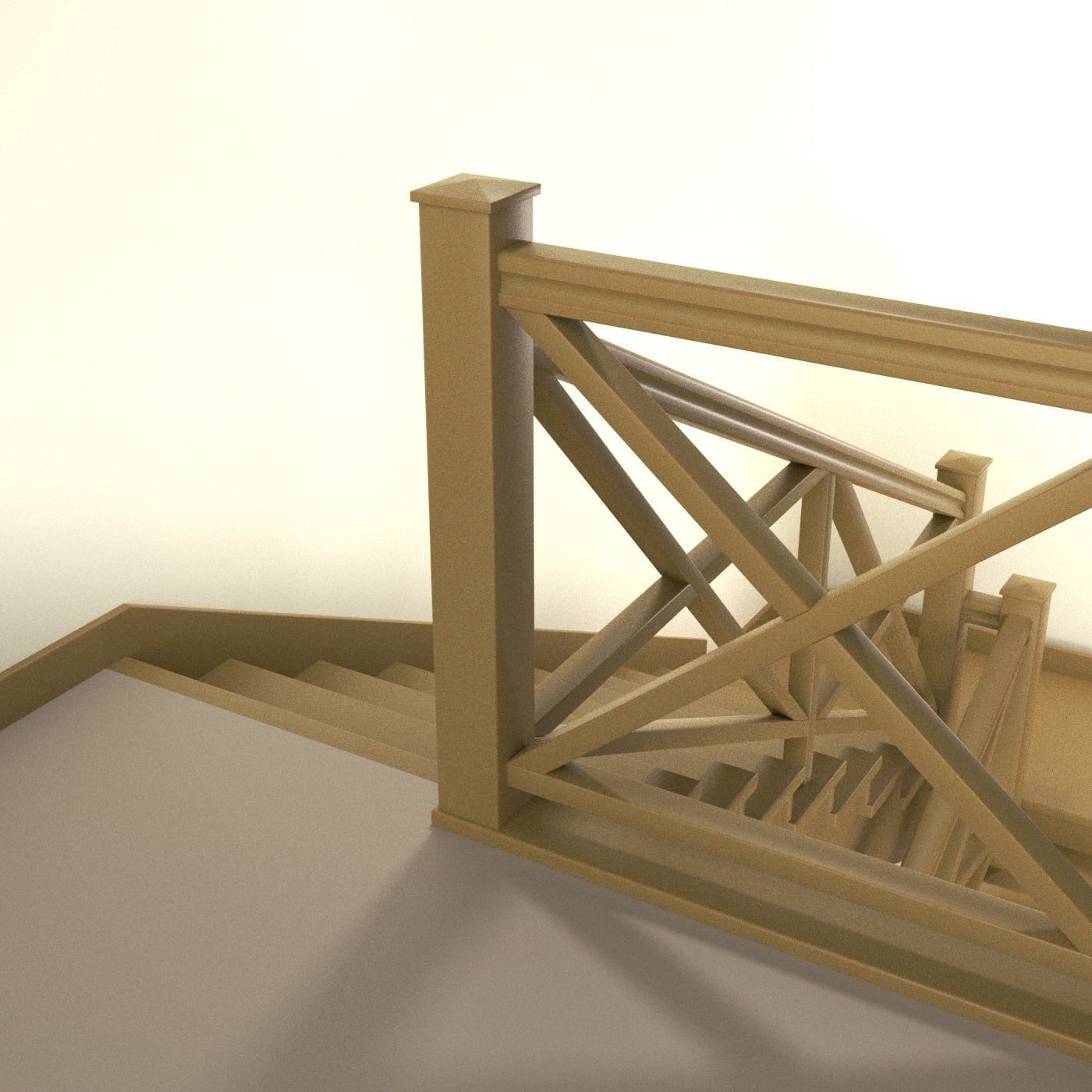 Ladder-oak staircase in building with metal railings 3D model_3