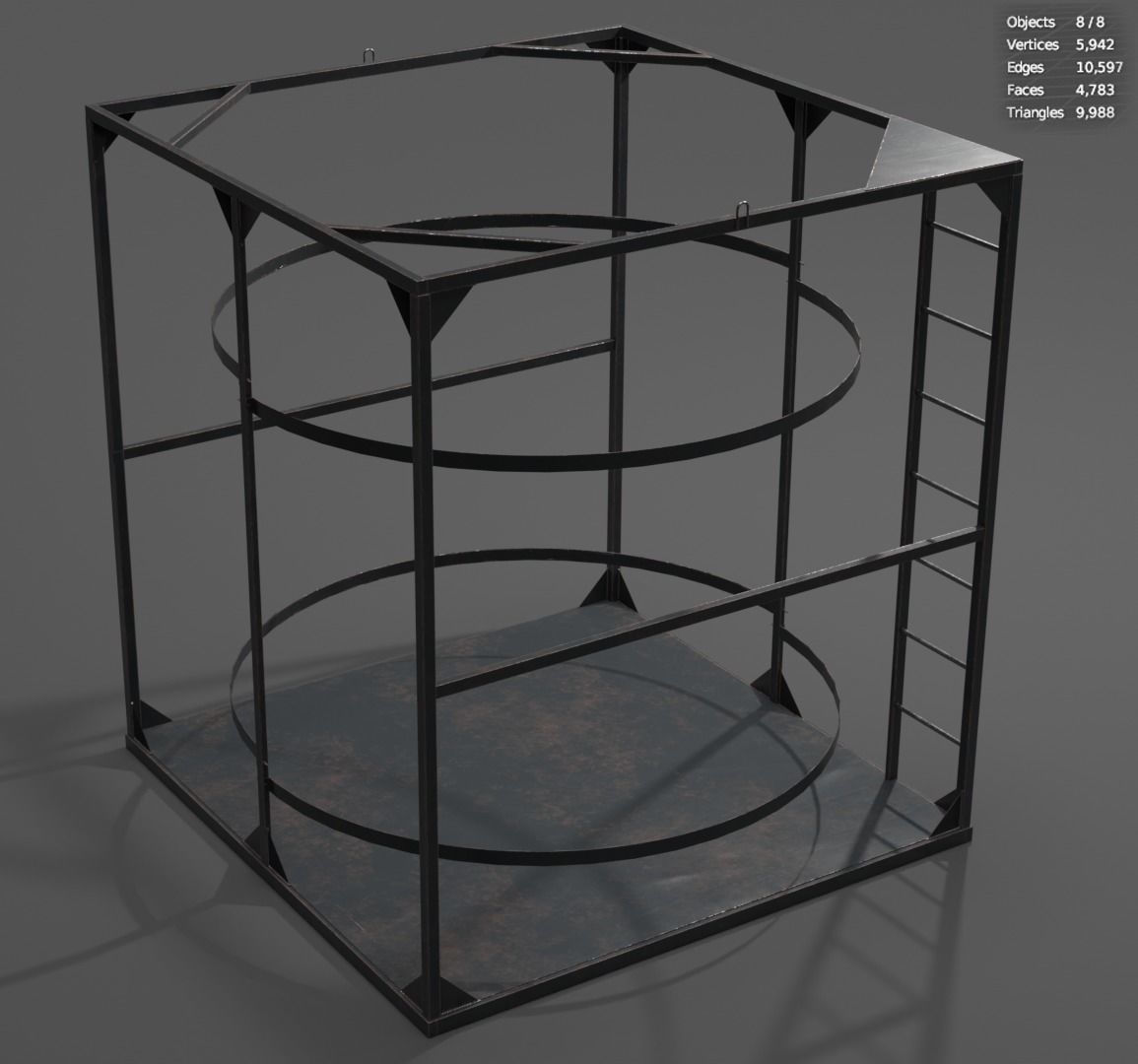 Two barrels and one metal frame for a large barrel Low-poly 3D model_8