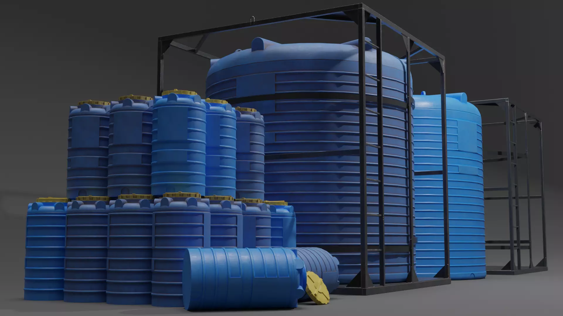 Two barrels and one metal frame for a large barrel Low-poly 3D model_0