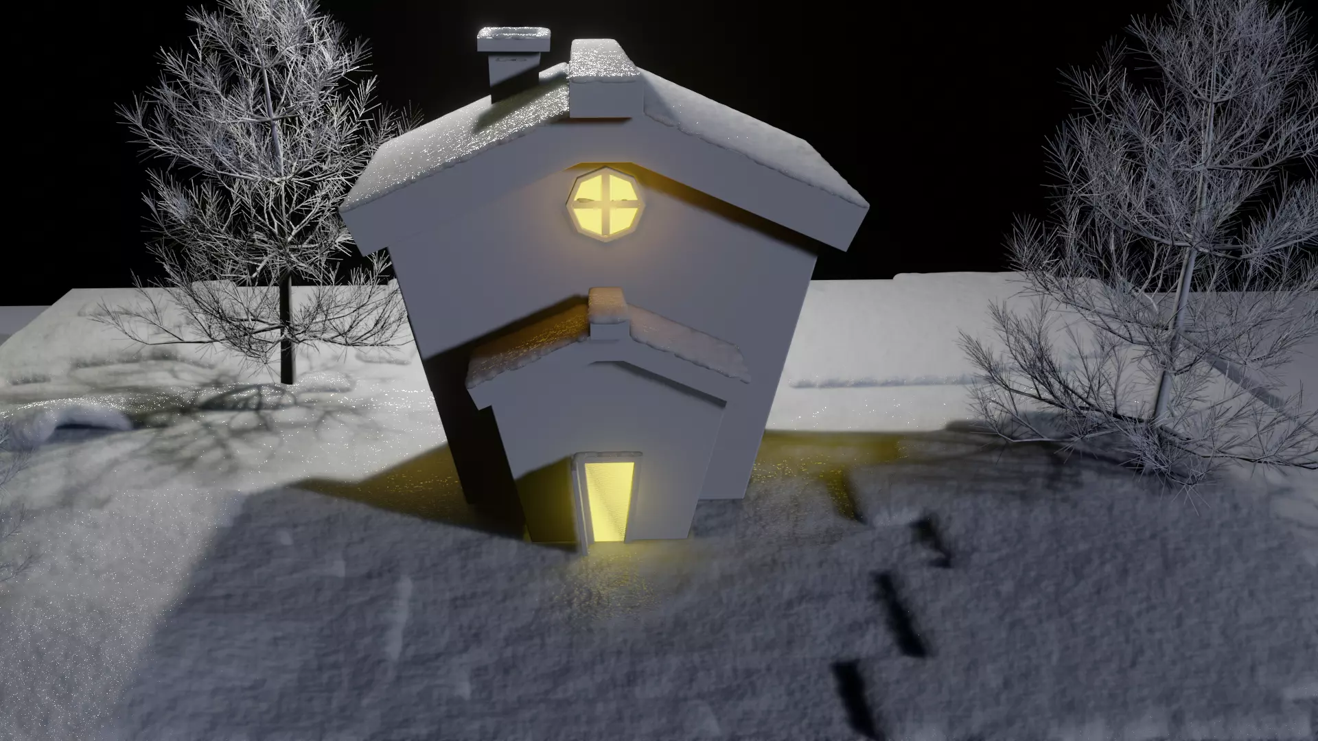 house in snow at night 3D model_0
