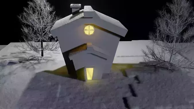 house in snow at night