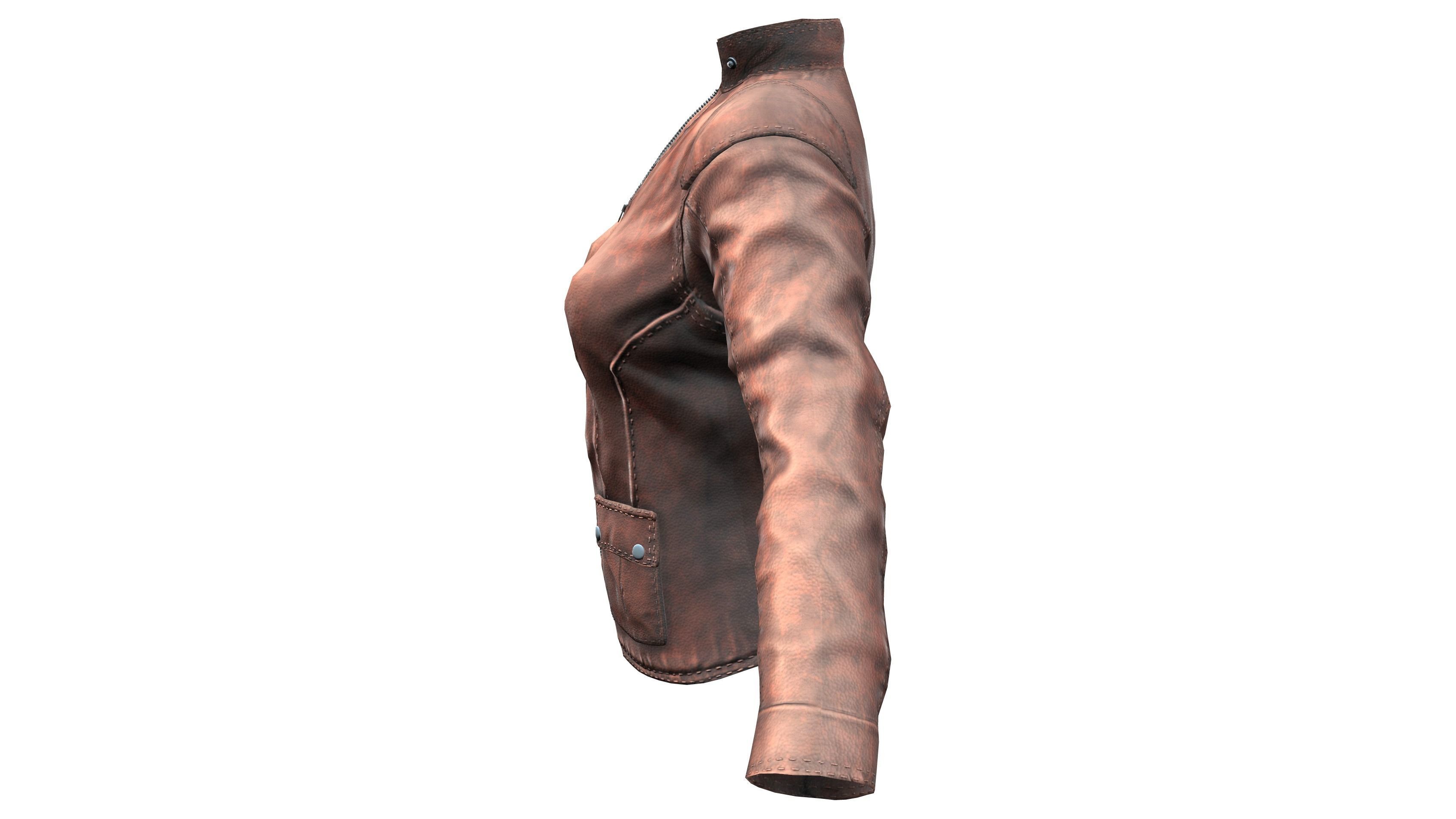 Female Brown Zipped Biker Racer Leather Jacket Low-poly 3D model_3