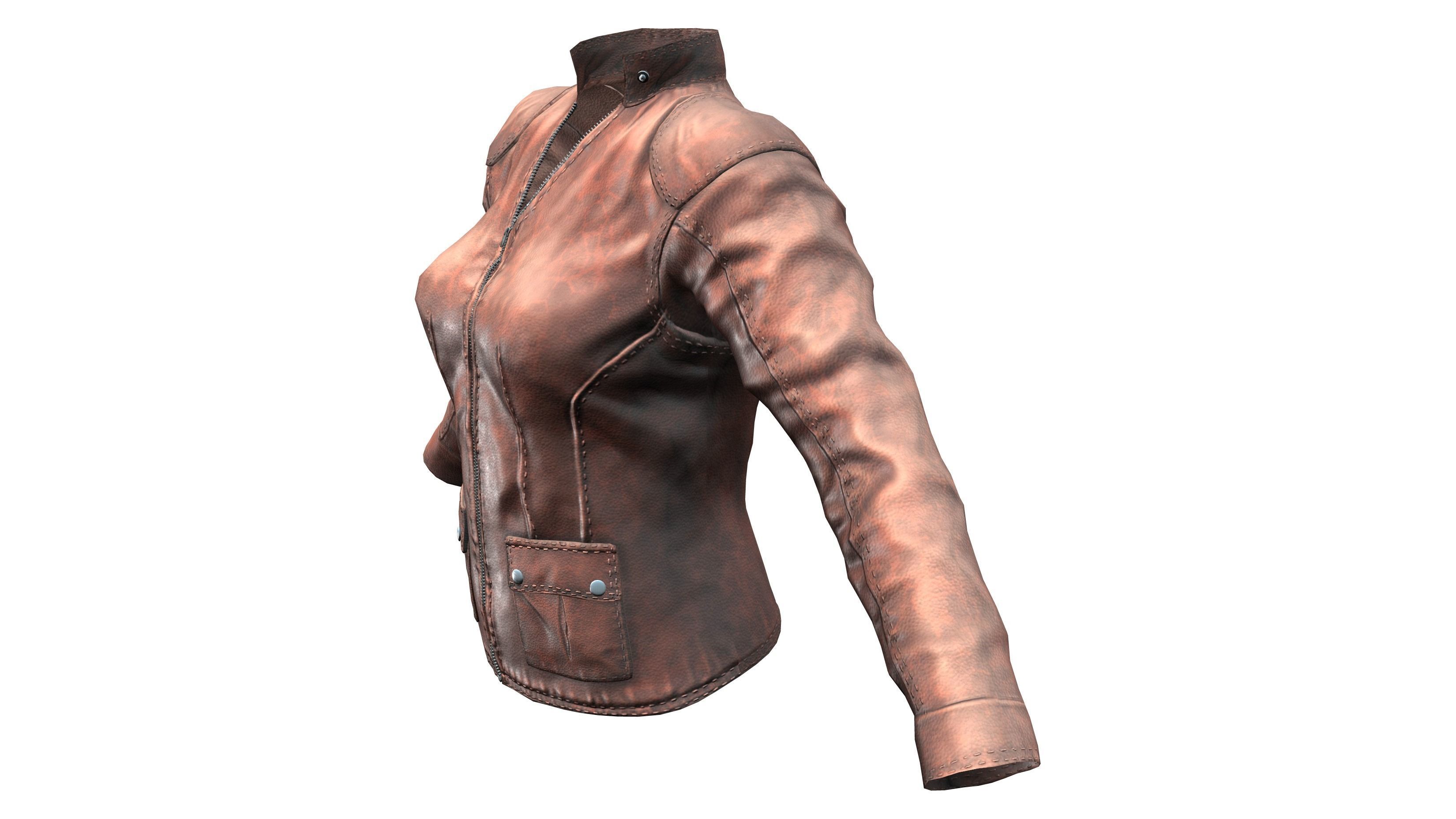 Female Brown Zipped Biker Racer Leather Jacket Low-poly 3D model_2