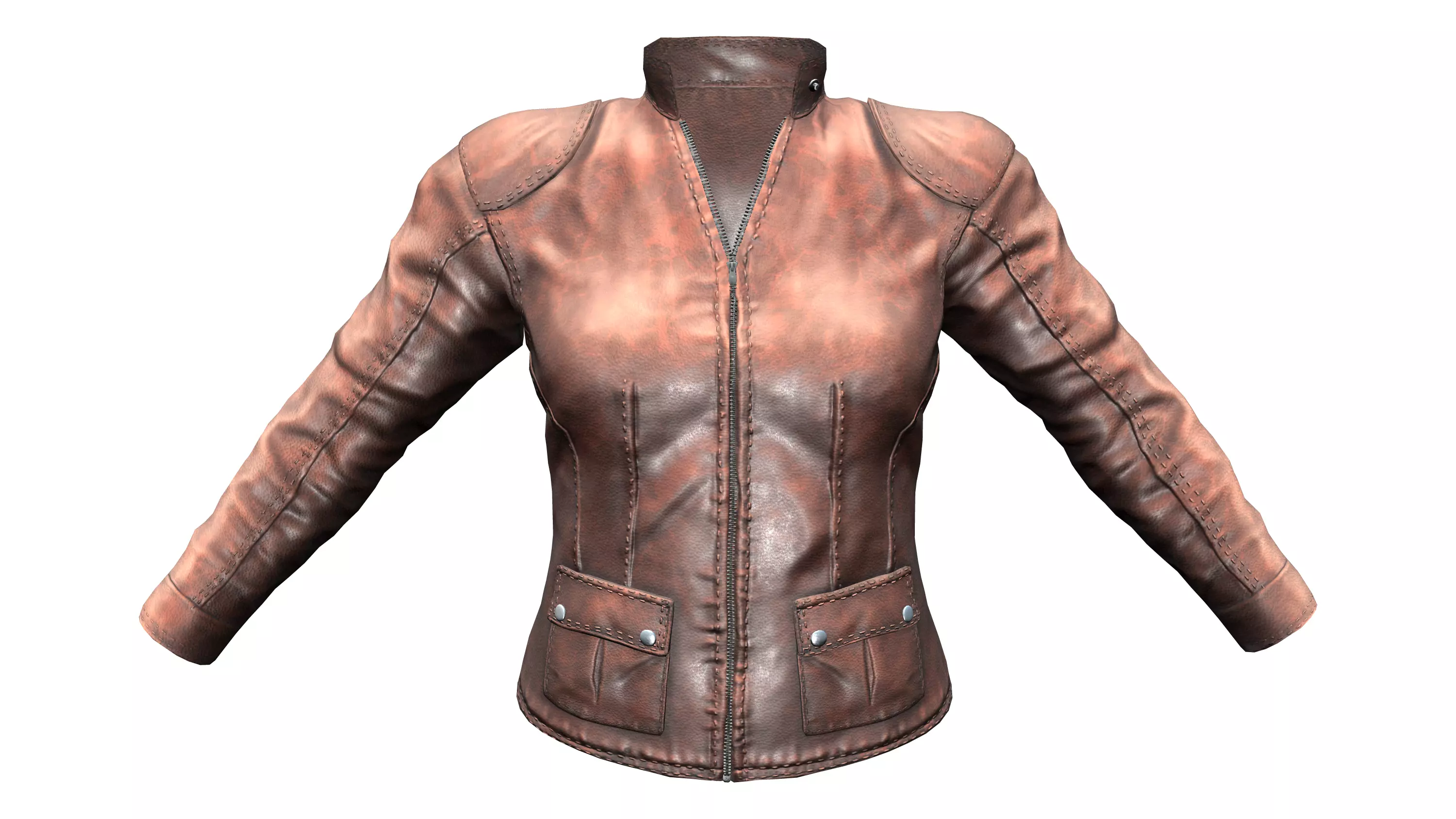 Female Brown Zipped Biker Racer Leather Jacket Low-poly 3D model_0