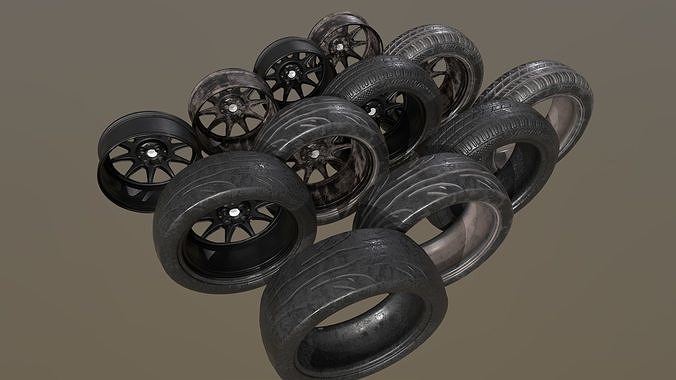 Clean and worn 2 tires and rim collection game ready Low-poly 3D model 2