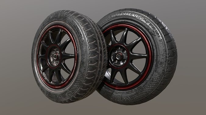 Clean and worn 2 tires and rim collection game ready Low-poly 3D model 4