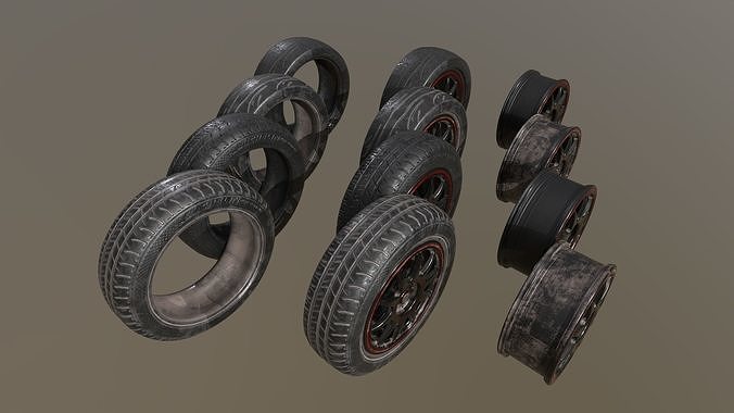 Clean and worn 2 tires and rim collection game ready Low-poly 3D model 3