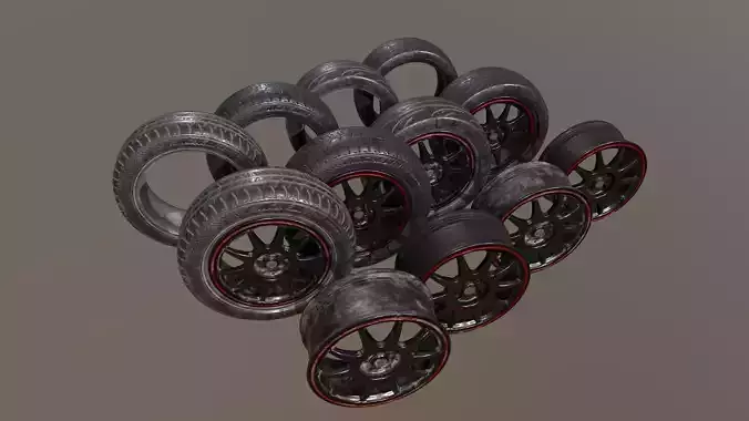 Clean and worn 2 tires and rim collection game ready