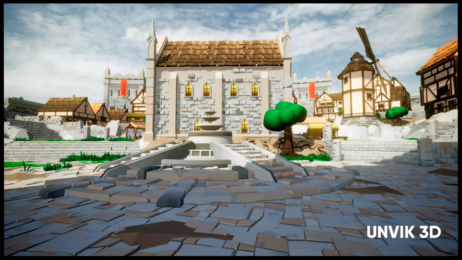 Low Poly Medieval Village - Modular Buildings Streets Markets Low-poly 3D model_0